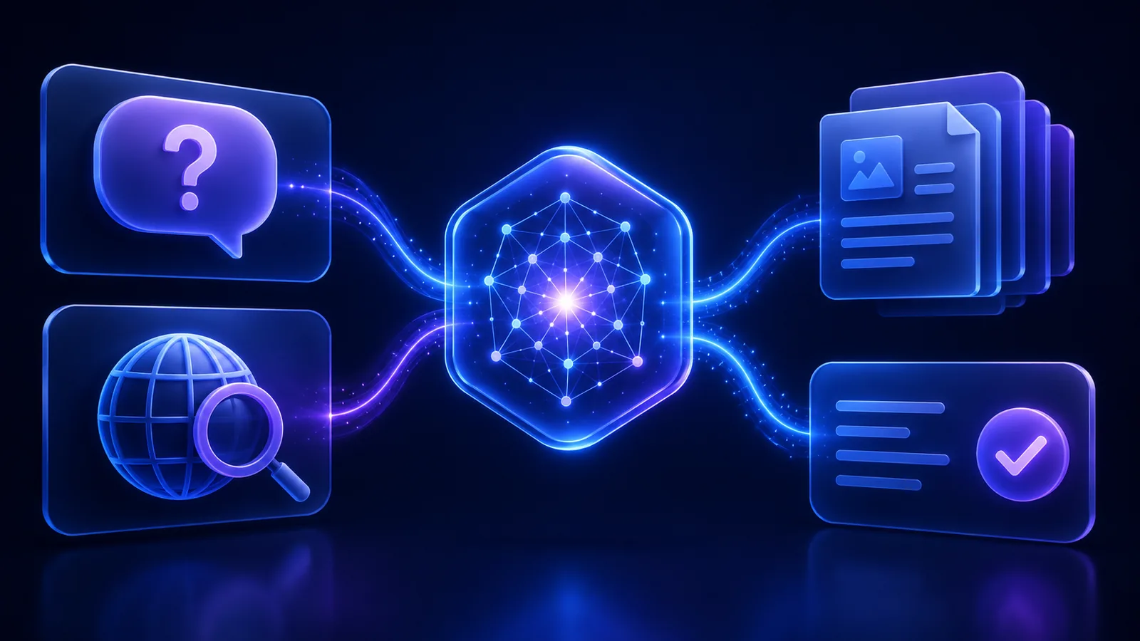 A question and search sources entering an AI retrieval system connected to documents and a verified answer.